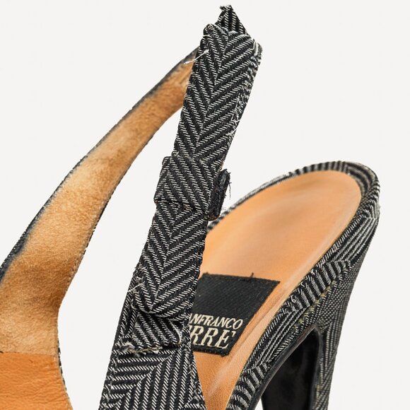 Gianfranco Ferre Silver & Black Metallic Herringbone Slingback Heels - Picture 8 of 9